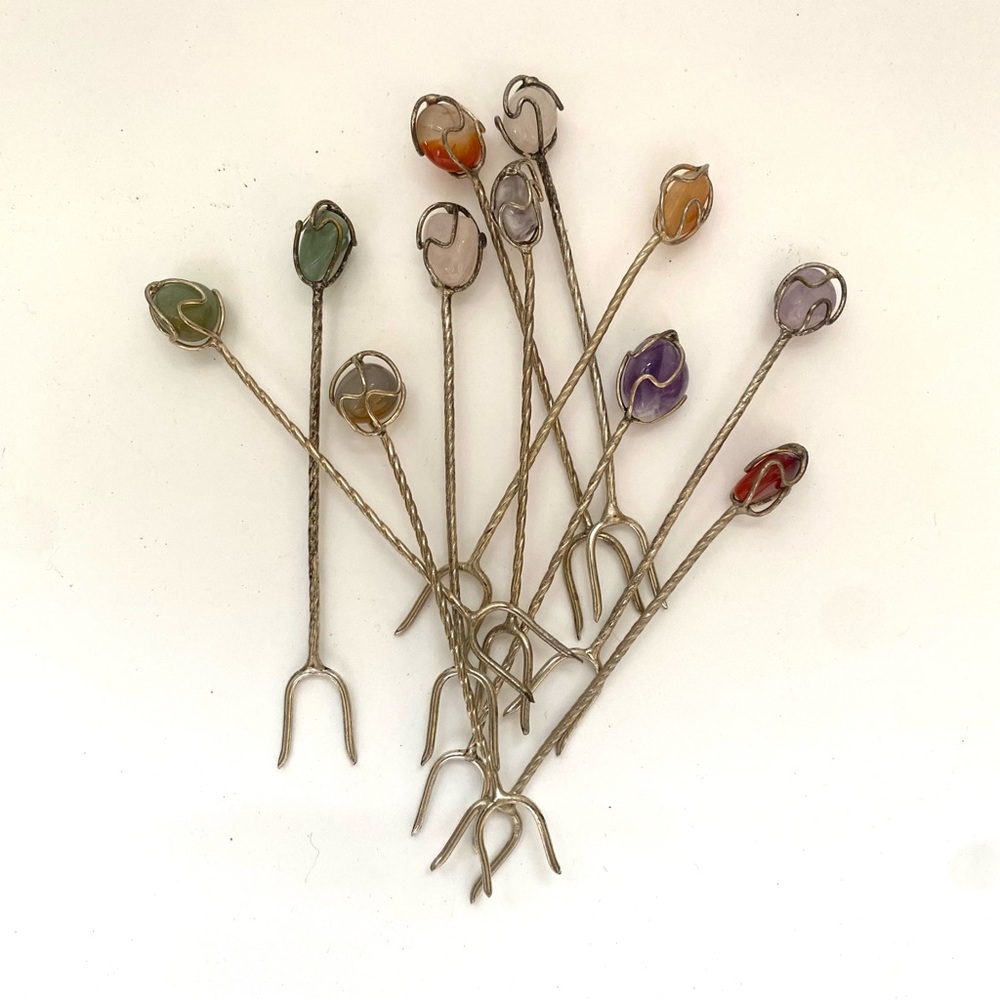 Vintage Brazil 70s Hors D'oeuvres Semi-Precious Stone Forks and silver metal